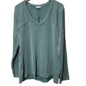 BLURAIN Teal Striped Textured V Neck Long Sleeve Tunic Top‎ Plus Sz 2XL USA Made